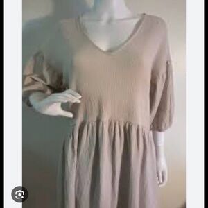 Zara Taupe V-Neck Midi Dress with Puff Sleeves